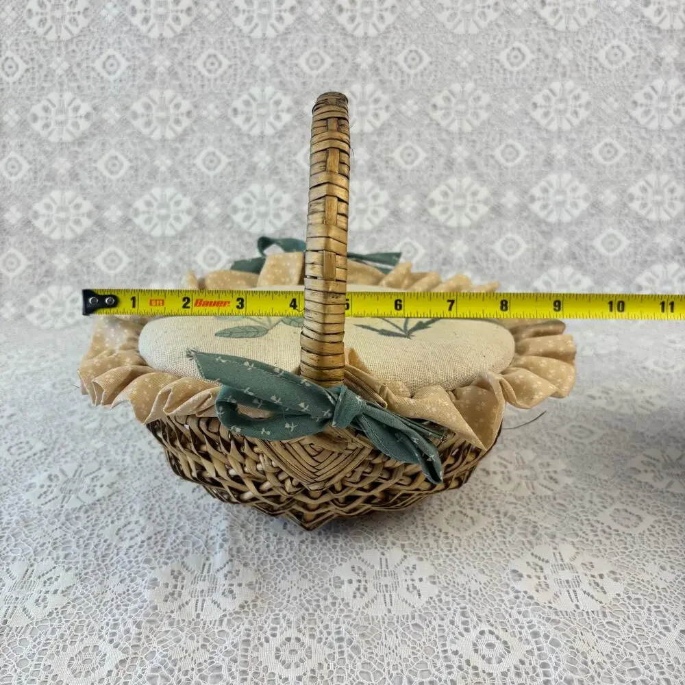 Valorie's Folk Art Appliqué Sewing Basket Wicker Basket with Pincushion Lid